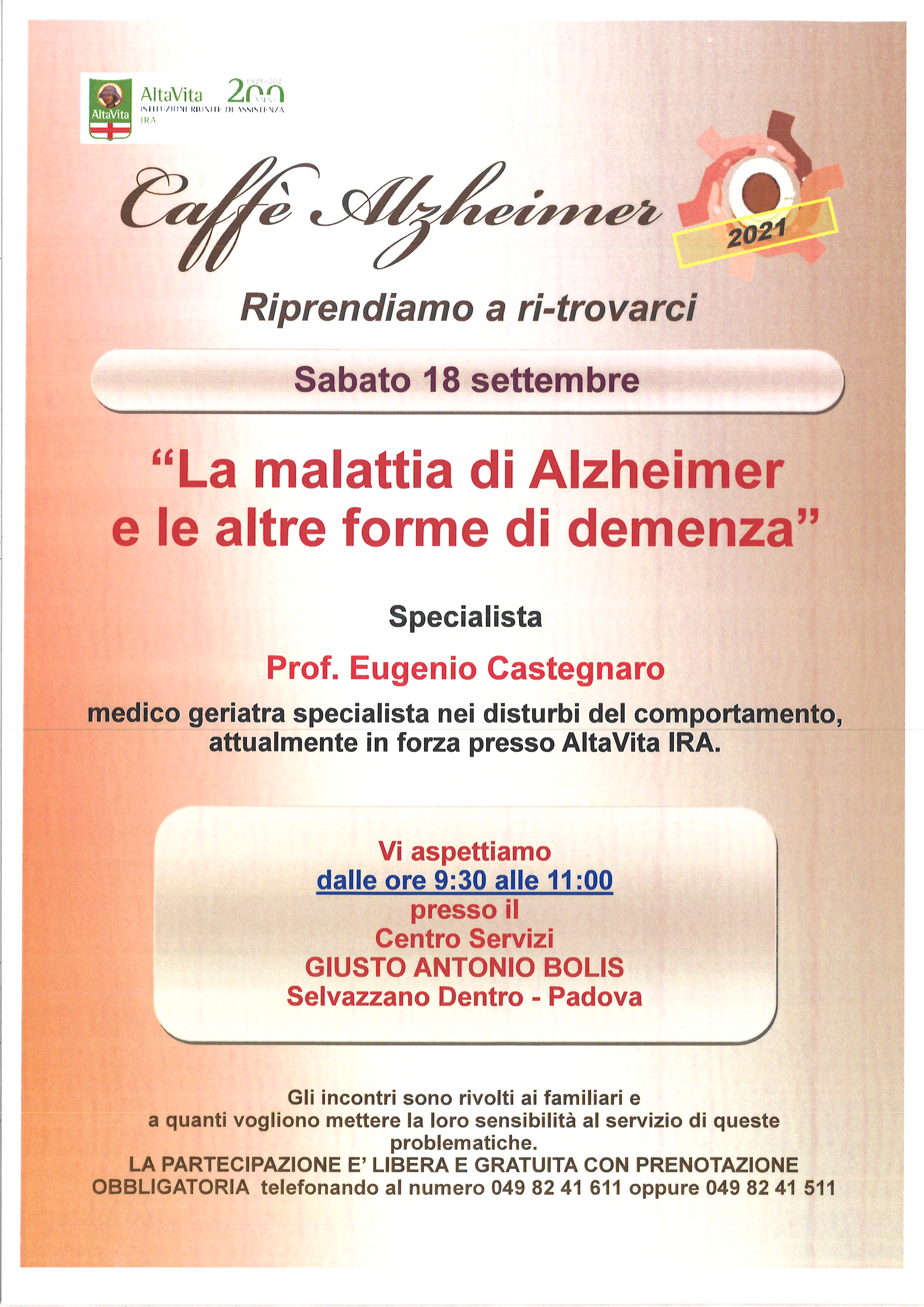 Caffè Alzheimer presso il Centro Servizi Bolis – sabato 18 settembre 2021 Caffè Alzheimer presso il Centro Servizi Bolis – sabato 18 settembre 2021