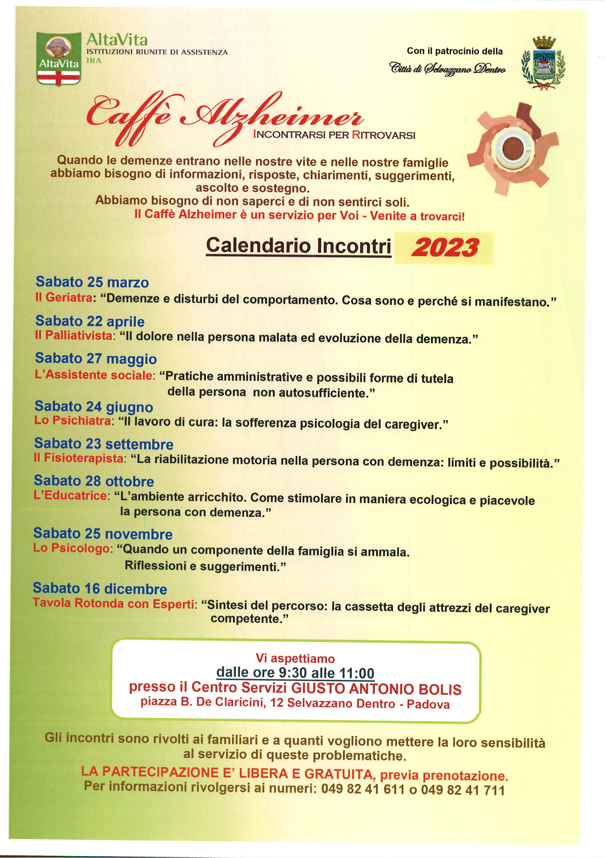 Calendario Incontri Caffe’ Alzheimer anno 2023 presso C.S. Bolis