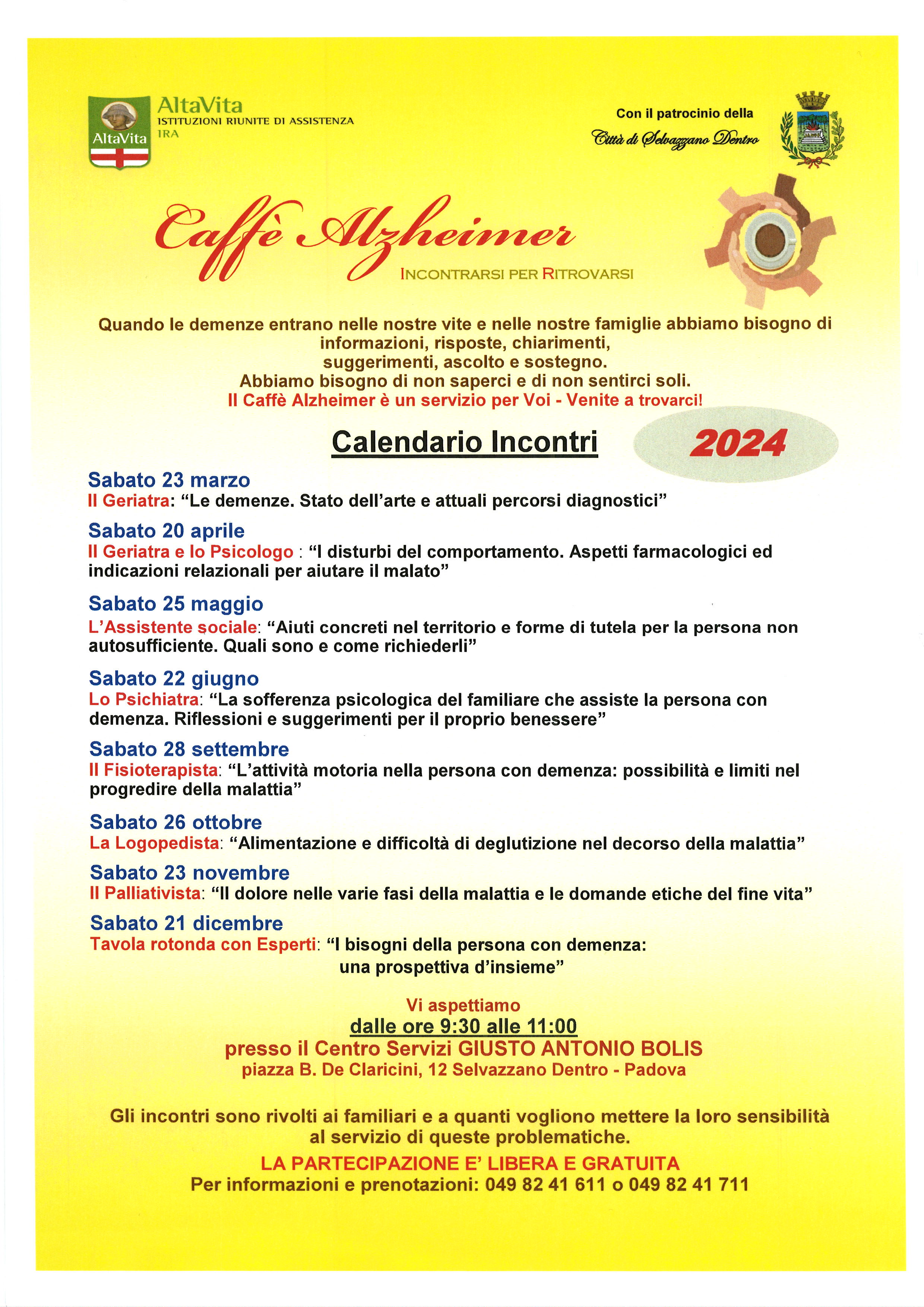 Calendario Incontri Caffe’ Alzheimer anno 2024 presso C.S. Bolis