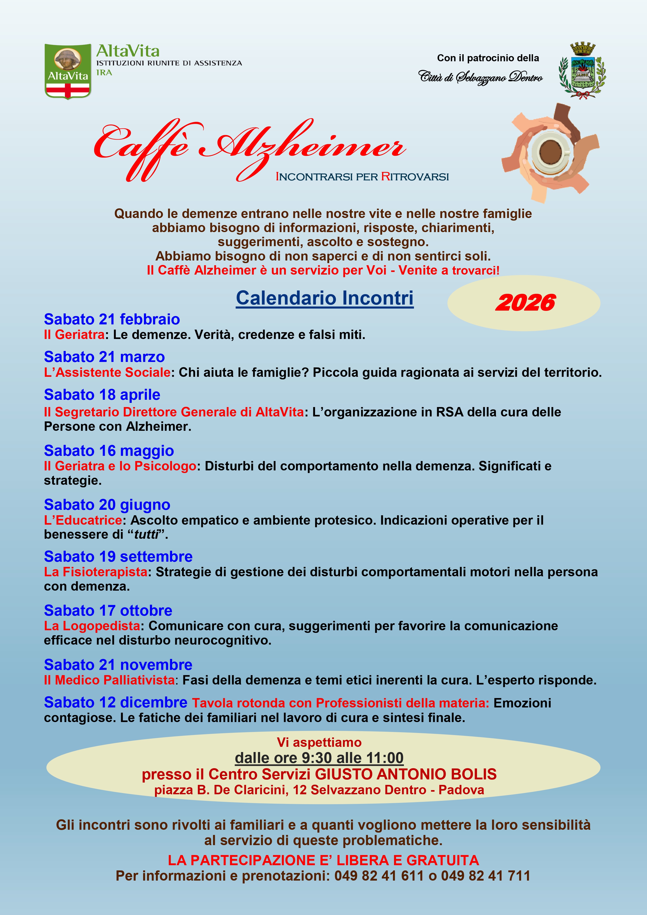 Torna nel 2026 il “Caffè Alzheimer”: incontri gratuiti per familiari e caregiver